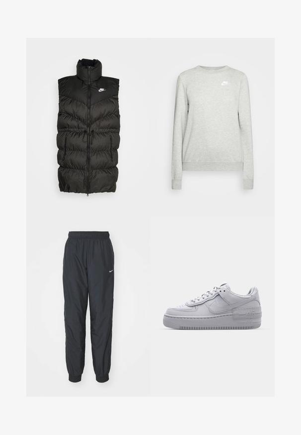 Sort puffer vest med høj krave, lynlås-lukning og en kontrasterende ternet nederste sektion. Nike-logo på øvre venstre side. Struktureret materiale.; Grå sweatshirt lavet af bomuldsblanding, med rund hals, ribbede manchetter og et lille hvidt Nike-logo på venstre bryst. Simpelt design.; Sorte Nike træningsbukser lavet af letvægtsstof, med elastisk talje og mansjetter, samt et lille hvidt logo på venstre ben.; Grå Nike Air Force 1 sneakers med perforeret tå, glat læderoverdel, tyk sål og præget 'AIR' detalje på hælen.