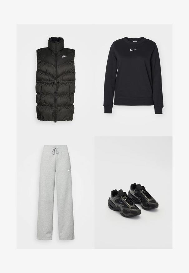 Chaleco de plumas negro con cuello alto, cierre de cremallera y una sección inferior a cuadros en contraste. Logo de Nike en la parte superior izquierda. Material texturizado.; Sudadera negra de mezcla de algodón, con puños y dobladillo acanalados, escote redondo y logo plateado de Nike en el pecho.; Pantalones de chándal grises con cintura elástica, detalle de cordón y un pequeño logo blanco de Nike en el muslo izquierdo. Tejido suave, de corte holgado.; Zapatos deportivos negros con material sintético, acentos de malla y suelas redondeadas. Presenta un sistema de cordones y un destacado logo de Nike en la lengüeta.