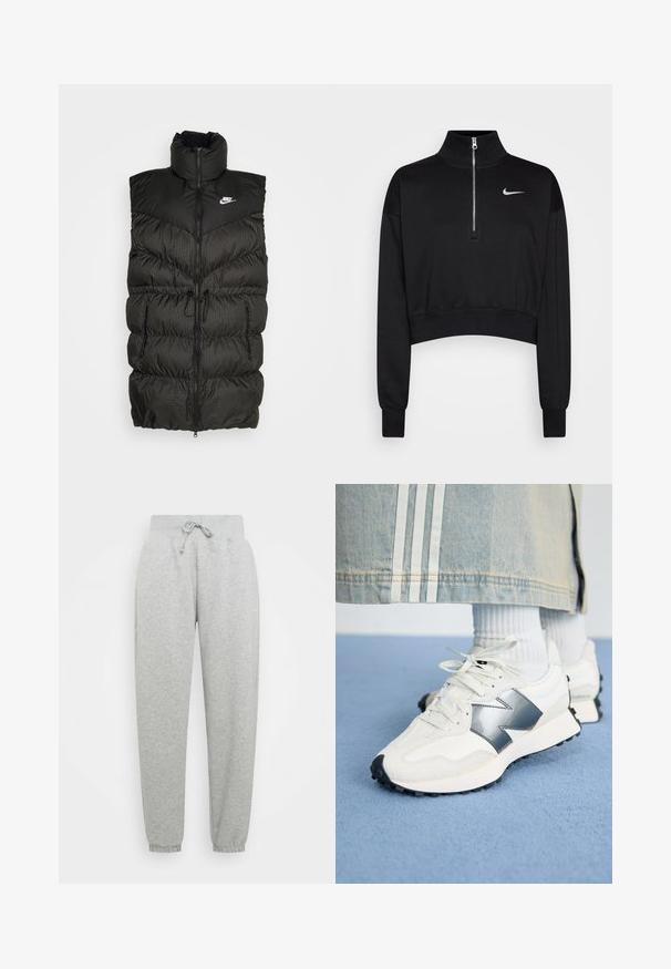 Sort puffer vest med høj krave, lynlås-lukning og en kontrasterende ternet nederste sektion. Nike-logo på øvre venstre side. Struktureret materiale.; Sort cropped sweatshirt med høje krave, halv lynlås, ribbede manchetter og et lille hvidt Nike-logo på venstre bryst. Blød stoftekstur.; Grå sweatpants med elastisk talje, justerbar snøre og ribbede manchetter. Lavet af blødt stof; har to sidelommer.; Hvide sportsko med sølvdetaljer, tekstureret stof og glat læder; med en sort gummisål og snørebånd.