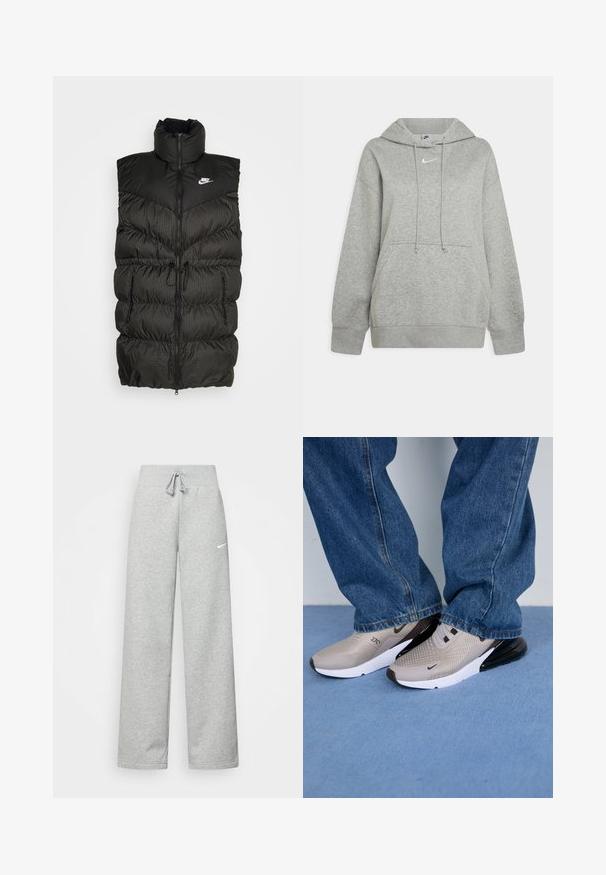 Zwarte puffer vest met hoge kraag, ritssluiting en een contrasterend geruit onderdeel. Nike-logo op de bovenste linkerzijde. Structuurmateriaal.; Grijze hoodie gemaakt van zachte stof, met een voorzak, verstelbare koordjes en een klein wit logo op de borst.; Grijze sweatpants met een elastische tailleband, een trekkoord-detail en een klein wit Nike-logo op de linkerdij. Zachte stof, losvallend.; Grijze sneakers met een bovenwerk van mesh, zwarte accenten en een witte zool. Draagt met losse blauwe denim jeans die de randen van de schoenen gedeeltelijk bedekken.