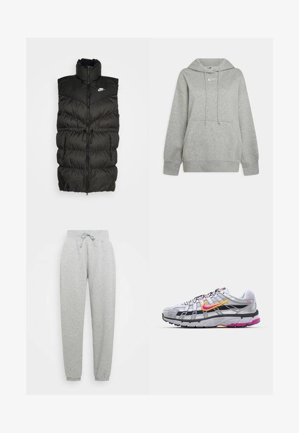 Schwarze Steppweste mit hohem Kragen, Reißverschluss und einem kontrastierenden karierten unteren Abschnitt. Nike-Logo auf der oberen linken Seite. Texturiertes Material.; Grau Kapuzenpullover aus weichem Material, mit einer vorderen Kängurutasche, verstellbaren Zugbändern und einem kleinen weißen Logo auf der Brust.; Graue Sweatpants mit elastischem Bund, verstellbarem Kordelzug und gerippten Bündchen. Aus weichem Stoff; ausgestattet mit zwei Seitentaschen.; Graunetz-Laufschuh mit einem auffälligen pinken und gelben Swoosh, schwarzen Akzenten und einer strukturierten Gummisohle. Verfügt über eine verstärkte Zehenpartie und einen gepolsterten Kragen.