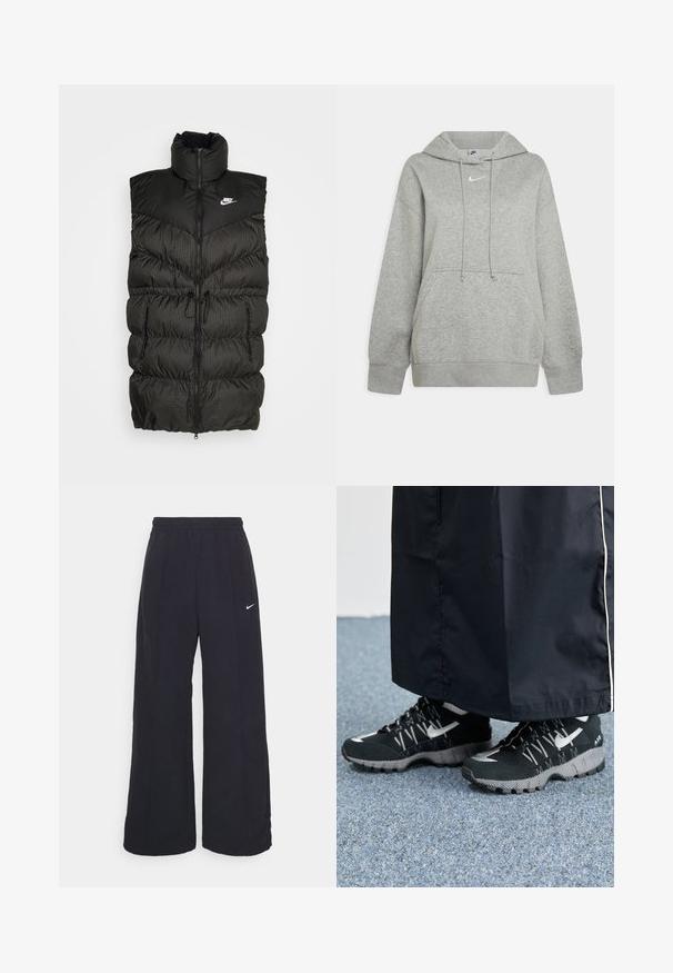 Sort puffer vest med høj krave, lynlås-lukning og en kontrasterende ternet nederste sektion. Nike-logo på øvre venstre side. Struktureret materiale.; Grå hættebluse lavet af blødt stof, med en frontlomme, justerbare snore og et lille hvidt logo på brystet.; Sorte brede bukser med elastisk talje og et lille hvidt Nike-logo. Stoffet har en glat tekstur, designet til komfort og afslappet brug.; Sorte sportsko med en struktureret overdel, sølvdetaljer og en mønstret ydersål, parret med et langt sort plagg. Sat mod blå tæpper.