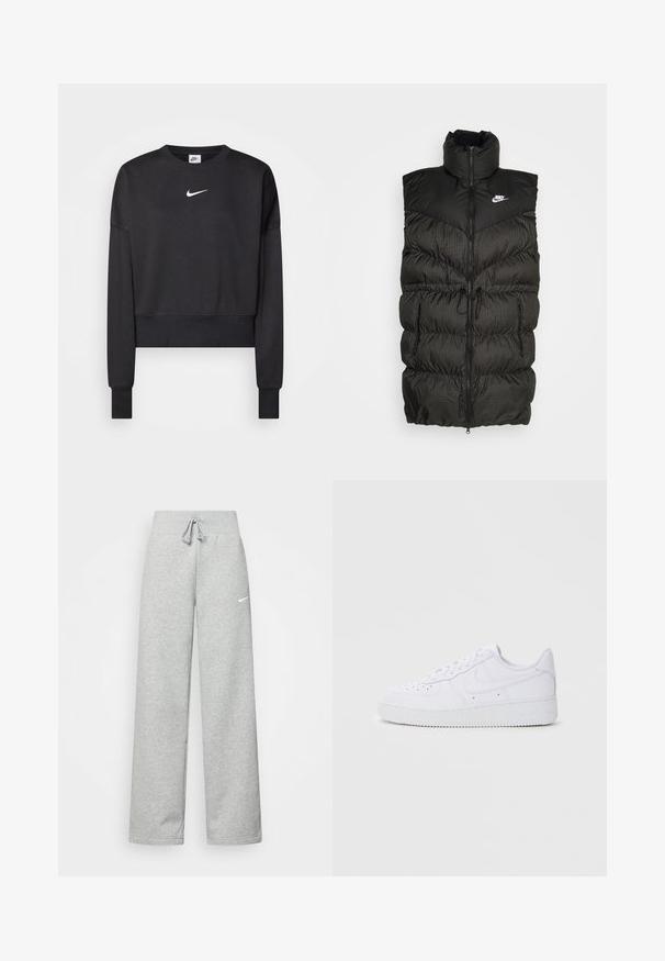 Schwarze Steppweste mit hohem Kragen, Reißverschluss und einem kontrastierenden karierten unteren Abschnitt. Nike-Logo auf der oberen linken Seite. Texturiertes Material.; Schwarzer, verkürzter Sweatshirt aus Baumwollmischung mit Rundhalsausschnitt, langen Ärmeln und einem weißen Nike-Logo auf der Brust.; Graue Jogginghose mit elastischem Bund, Kordelzug und kleinem weißen Nike-Logo am linken Oberschenkel. Weicher Stoff, locker sitzend.; Weiße Nike Air Force 1 Sneaker mit Obermaterial aus Leder, runder Zehenpartie, schnürbarer Verschluss, gepolsterter Kragen und strukturiertem Gummisohle.