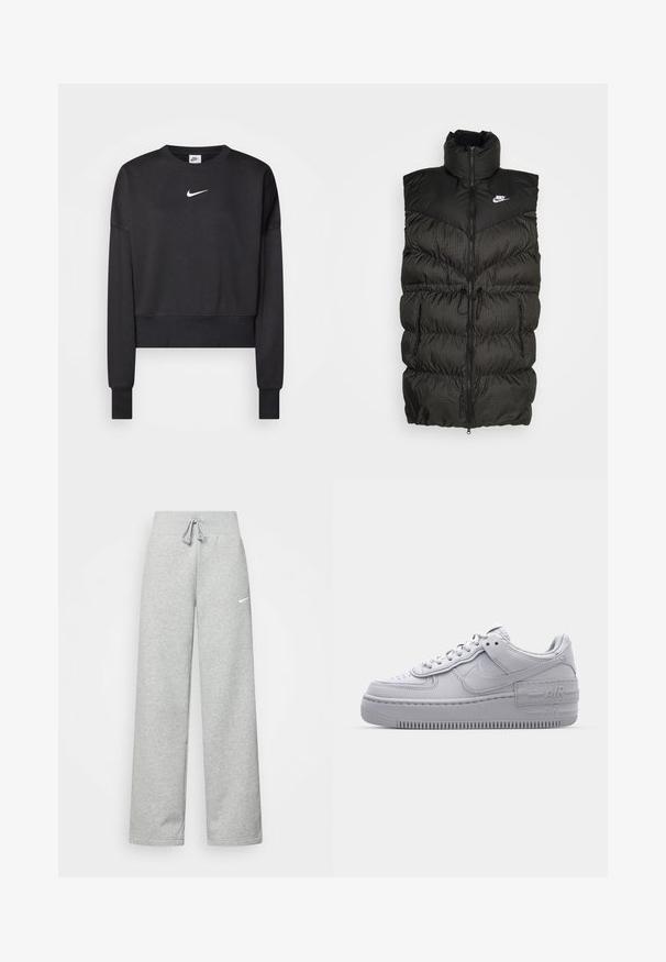 Sort puffer vest med høj krave, lynlås-lukning og en kontrasterende ternet nederste sektion. Nike-logo på øvre venstre side. Struktureret materiale.; Sort cropped sweatshirt lavet af en blanding af bomuld, med rund halsudskæring, lange ærmer og et hvidt Nike-logo på brystet.; Grå sweatpants med elastisk talje, snor detaljer og et lille hvidt Nike-logo på venstre lår. Blødt stof, løs pasform.; Grå Nike Air Force 1 sneakers med perforeret tå, glat læderoverdel, tyk sål og præget 'AIR' detalje på hælen.