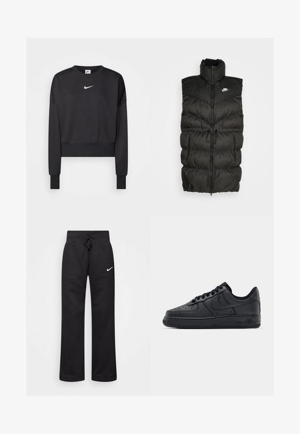 Zwarte puffer vest met hoge kraag, ritssluiting en een contrasterend geruit onderdeel. Nike-logo op de bovenste linkerzijde. Structuurmateriaal.; Zwarte cropped sweatshirt van een katoenmix, met een ronde halslijn, lange mouwen en een wit Nike-logo op de borst.; Zwarte sweatpants van een katoenmix, voorzien van een tailleband met koord, rechte pijpen, en een wit Nike-logo aan de linkerzijde.; Zwarte leren sneakers met geperforeerde neus, platte veters en rubberen zool. Voorzien van een klein logo aan de zijkant en gestructureerde details.