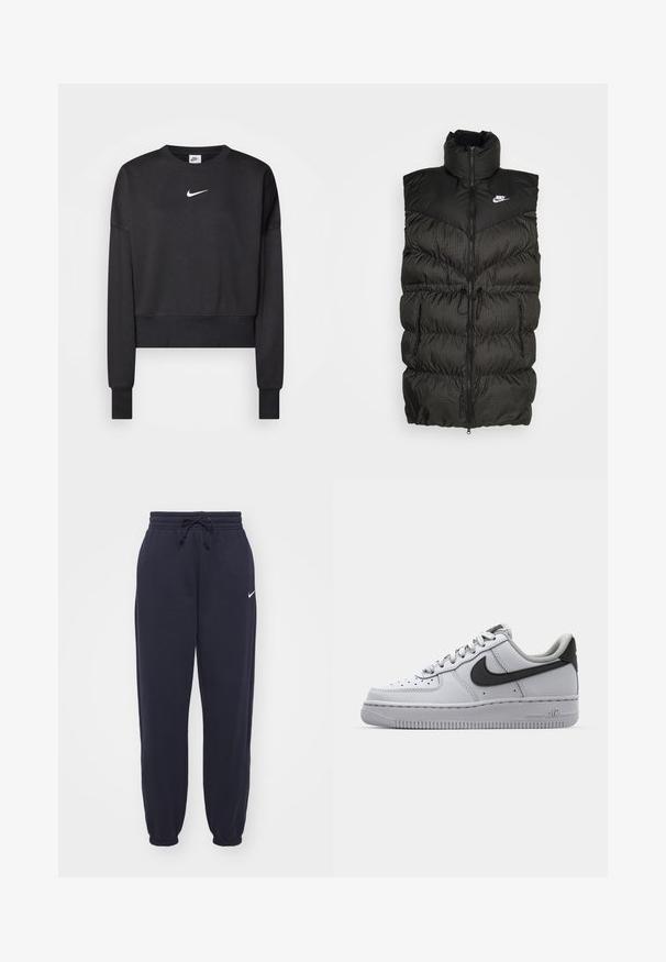 Zwarte puffer vest met hoge kraag, ritssluiting en een contrasterend geruit onderdeel. Nike-logo op de bovenste linkerzijde. Structuurmateriaal.; Zwarte cropped sweatshirt van een katoenmix, met een ronde halslijn, lange mouwen en een wit Nike-logo op de borst.; Nike trainingsbroeken in marineblauw, gemaakt van zacht materiaal. Voorzien van een elastische tailleband met trekkoord en aangesloten enkels. Kleine witte logo-accent.; Witte leren sneaker met grijze accenten, ronde neus, textuur op het oppervlak, gewatteerde kraag en contrasterend zwart swoosh-logo. Luchtkussen zool.