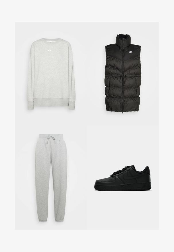 Schwarze Steppweste mit hohem Kragen, Reißverschluss und einem kontrastierenden karierten unteren Abschnitt. Nike-Logo auf der oberen linken Seite. Texturiertes Material.; Helle graue Sweatshirt mit Rundhalsausschnitt aus weichem Material, das ein kleines weißes Nike-Logo auf der Brust und gerippte Bündchen sowie Saum aufweist.; Graue Sweatpants mit elastischem Bund, verstellbarem Kordelzug und gerippten Bündchen. Aus weichem Stoff; ausgestattet mit zwei Seitentaschen.; Schwarzer Nike Air Force 1 Sneaker mit einem Obermaterial aus Leder, runder Zehenpartie, Schnürverschluss und strukturiertem Sohlenrand, versehen mit einem dezenten Logo an der Seite.