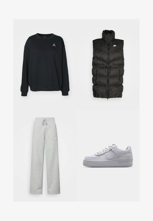 Zwarte puffer vest met hoge kraag, ritssluiting en een contrasterend geruit onderdeel. Nike-logo op de bovenste linkerzijde. Structuurmateriaal.; Zwarte sweatshirt van katoen, met een ronde hals, lange mouwen, ribbelboorden en -zoom, met een wit Jumpman-logo op de borst.; Grijze sweatpants met een elastische tailleband, een trekkoord-detail en een klein wit Nike-logo op de linkerdij. Zachte stof, losvallend.; Grijze Nike Air Force 1 sneaker met geperforeerde neus, glad leren bovenwerk, dikke zool en verhoogde 'AIR' details op de hiel.