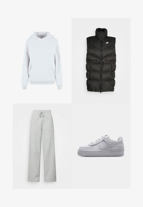 Gilet doudoune noir avec un col haut, une fermeture éclair et une section inférieure à carreaux contrastée. Logo Nike en haut à gauche. Matériau texturé.; Hoodie en coton blanc avec une poche kangourou à l'avant, capuche avec cordon de serrage réglable, poignets et ourlet côtelés ; texture lisse, design décontracté.; Pantalon de survêtement gris avec une taille élastique, un détail de cordon de serrage et un petit logo Nike blanc sur la cuisse gauche. Tissu doux, coupe ample.; Basket en cuir lisse gris Nike Air Force 1 avec un bout perforé, une semelle épaisse et un détail 'AIR' en relief sur le talon.