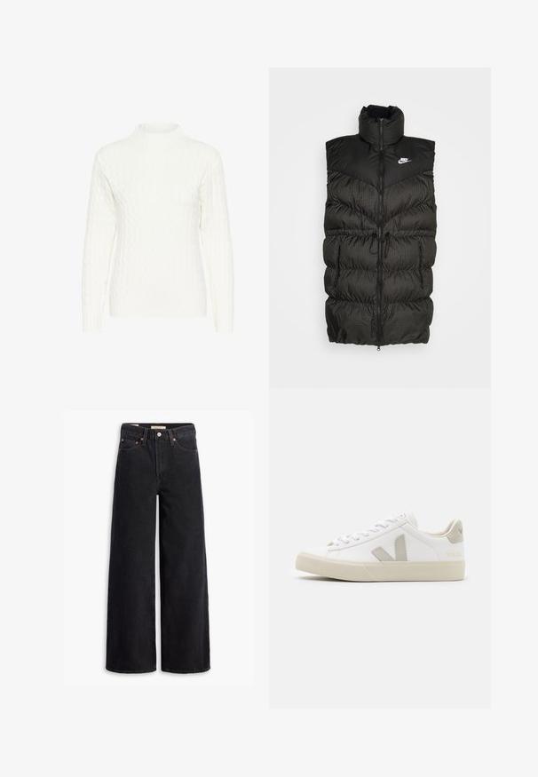 Sort puffer vest med høj krave, lynlås-lukning og en kontrasterende ternet nederste sektion. Nike-logo på øvre venstre side. Struktureret materiale.; Hvid kabelstrikket sweater med høj hals, lange ærmer og struktureret mønster. Stoffet ser blødt og let strækbart ud.; Sorte brede benjeans lavet af denim, med fem lommer, kobbernitter og en klassisk knaplukning. Glat tekstur med et rent design.; Hvide sneakers lavet af læder med grå V-logo detaljer, struktureret gummisål, hvide snørebånd samt polstret tunge og krave.
