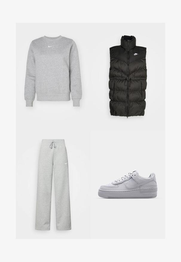 Sort puffer vest med høj krave, lynlås-lukning og en kontrasterende ternet nederste sektion. Nike-logo på øvre venstre side. Struktureret materiale.; Grå sweatshirt lavet af blødt stof, med rund hals, ribbede manchetter og et lille hvidt Nike-logo på brystet.; Grå sweatpants med elastisk talje, snor detaljer og et lille hvidt Nike-logo på venstre lår. Blødt stof, løs pasform.; Grå Nike Air Force 1 sneakers med perforeret tå, glat læderoverdel, tyk sål og præget 'AIR' detalje på hælen.