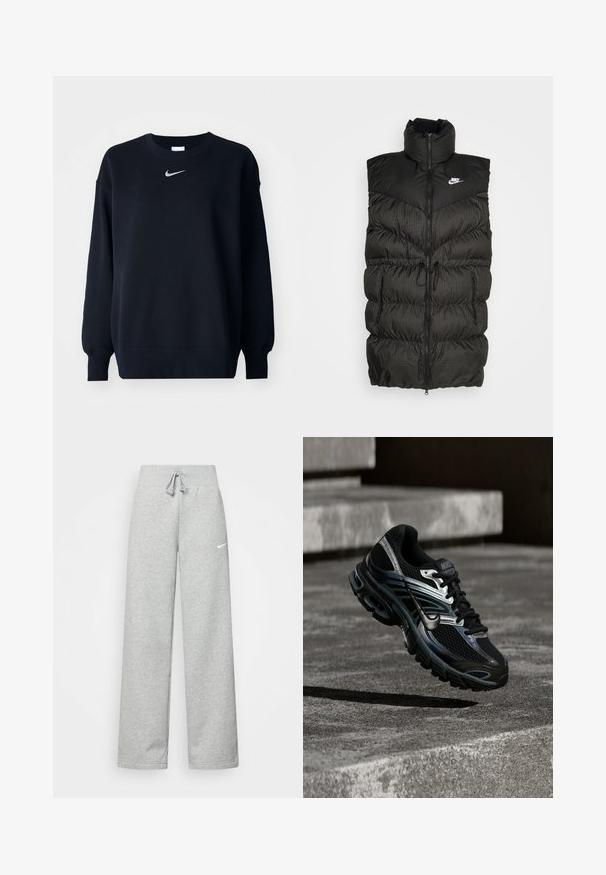 Sort puffer vest med høj krave, lynlås-lukning og en kontrasterende ternet nederste sektion. Nike-logo på øvre venstre side. Struktureret materiale.; Sort sweatshirt lavet af bomuldsblanding; ribbet rund hals, lange ærmer og elastiske manchetter; har et lille sølvfarvet Nike-logo på brystet.; Grå sweatpants med elastisk talje, snor detaljer og et lille hvidt Nike-logo på venstre lår. Blødt stof, løs pasform.; Sort og sølv Nike løbesko svævende over betontrappe, viser detaljeret design og tekstureret sål i udendørs omgivelser.