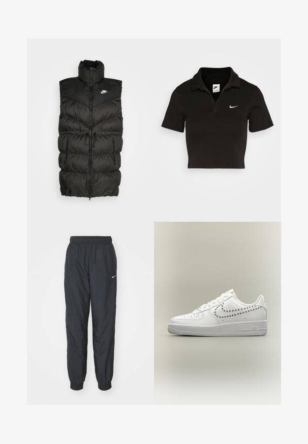 Chaleco de plumas negro con cuello alto, cierre de cremallera y una sección inferior a cuadros en contraste. Logo de Nike en la parte superior izquierda. Material texturizado.; Polo negro recortado de algodón con un collar tradicional y mangas cortas. Presenta un logo de Nike en blanco en el lado izquierdo del pecho.; Pantalones de chándal negros de Nike hechos de un tejido ligero, con una cinturilla y puños elásticos, y un pequeño logo blanco en la pierna izquierda.; Zapatilla baja blanca con diseño perforado del logo Nike en el lateral, cordones blancos y suela texturizada sobre un fondo neutro.