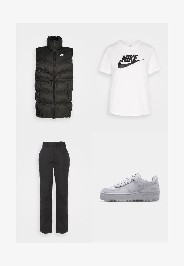 Zwarte puffer vest met hoge kraag, ritssluiting en een contrasterend geruit onderdeel. Nike-logo op de bovenste linkerzijde. Structuurmateriaal.; Witte katoenen T-shirt met een ronde hals, korte mouwen en een groot zwart Nike-logo gedrukt over de borst. Gladde textuur en casual ontwerp.; Zwarte broeken met een gladde textuur, recht gesneden ontwerp en een taille met riem. Heeft een eenvoudige, klassieke silhouet zonder extra patronen.; Grijze Nike Air Force 1 sneaker met geperforeerde neus, glad leren bovenwerk, dikke zool en verhoogde 'AIR' details op de hiel.