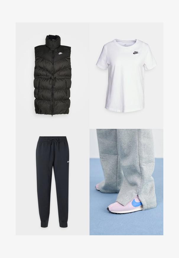 Sort puffer vest med høj krave, lynlås-lukning og en kontrasterende ternet nederste sektion. Nike-logo på øvre venstre side. Struktureret materiale.; Hvid bomulds t-shirt med rund halsudskæring og korte ærmer. Har et sort Nike-logo i det øverste venstre brystområde.; Sorte Nike joggingbukser med elastisk talje og snøre, tilspidsede ben, manchetter ved anklerne og lille hvid Nike swoosh på højre lår.; Grå sweatpants dækker lyserøde sneakers med en blå Nike swoosh, der har et struktureret stof og en kontrasterende sål.