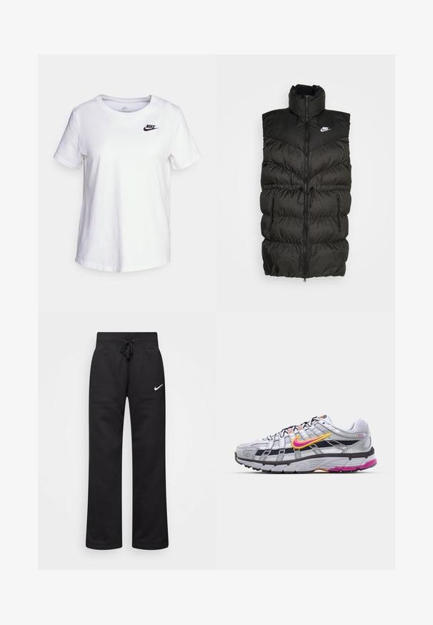 Schwarze Steppweste mit hohem Kragen, Reißverschluss und einem kontrastierenden karierten unteren Abschnitt. Nike-Logo auf der oberen linken Seite. Texturiertes Material.; Weißes Baumwoll-T-Shirt mit Rundhalsausschnitt und kurzen Ärmeln. Mit einem schwarzen Nike-Logo auf der oberen linken Brustseite.; Schwarze Sweatpants aus einem Baumwollmix, mit einem Kordelzugbund, geraden Beinen und einem weißen Nike-Logo auf der linken Seite.; Graunetz-Laufschuh mit einem auffälligen pinken und gelben Swoosh, schwarzen Akzenten und einer strukturierten Gummisohle. Verfügt über eine verstärkte Zehenpartie und einen gepolsterten Kragen.
