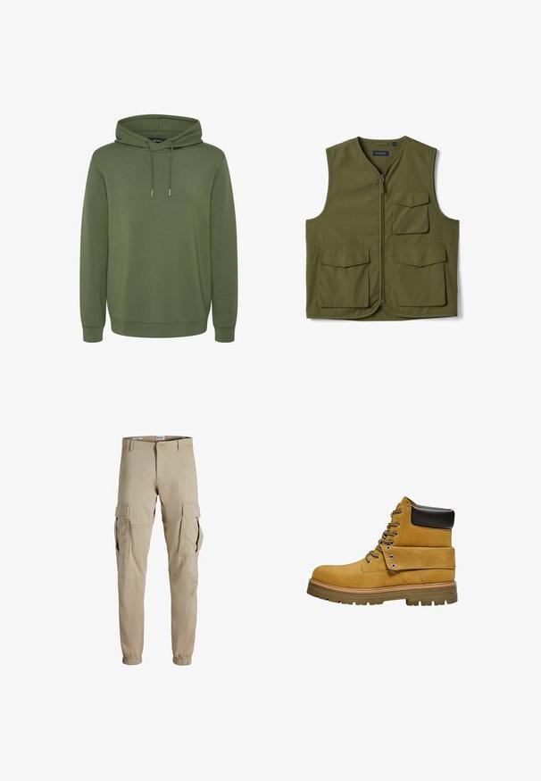 Olivengroene mouwloze vest met ritssluiting aan de voorkant en drie klepzakken, ontworpen voor functionaliteit en casual gebruik.; Olijfgroene hoodie van zacht materiaal, met een ruime capuchon met trekkoorden en ribgebreide manchetten en onderrand voor een comfortabele pasvorm.; Beige cargo pants van lichtgewicht stof, met meerdere zijzakken, elastische boorden en een standaard tailleband. Effen textuur overal.; Lichtbruine werklaars met zwart gewatteerde kraag, vetersluiting aan de voorkant, omslaande flap met metalen oogjes en dikke rubberen profielzool.