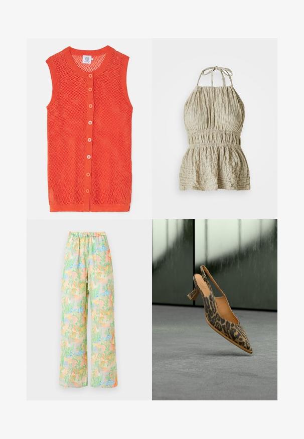 Chaleco de punto sin mangas en color naranja con un diseño de malla, que cuenta con un escote redondo y seis botones en contraste en la parte delantera.; Top halter de color beige claro con tejido texturizado, que presenta un cuerpo fruncido y una cintura elástica, diseñado para un look casual y relajado.; Pantalones de pierna ancha en tela ligera con un patrón pastel de peces y plantas. Cintura elástica con un detalle de cordón.; Zapato pump con estampado de leopardo, tira trasera, puntera puntiaguda y tacón bajo de bloque sobre suelo gris con fondo desenfocado.