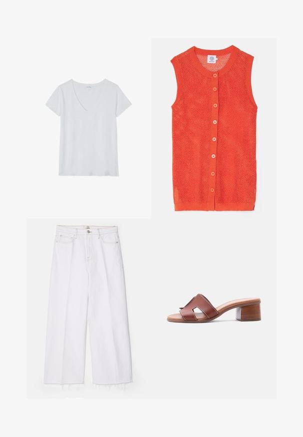 Oranje, mouwloze gebreide vest met een gaasontwerp, voorzien van een ronde halslijn en zes contrasterende knopen aan de voorkant.; Witte V-hals t-shirt met korte mouwen, gemaakt van lichtgewicht stof, met een gladde textuur en een ontspannen pasvorm. Geen patronen of accenten.; FRAME LE JANE WIDE CROP RAW FRAY - Relaxed fit jeans - au natural clean; Bruine leren sandalen met open teen en blokhak, verdeeld met een uitgesneden detail op de brede band tegen een witte achtergrond.