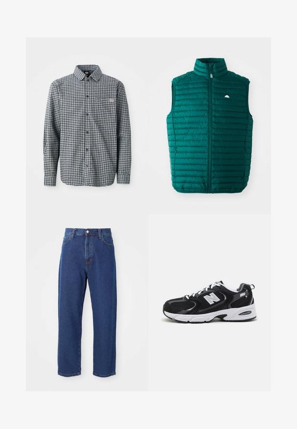 Chaleco acolchado en verde azulado con cuello alto, cierre frontal con cremallera y diseño de acolchado horizontal. Presenta un pequeño logo blanco en la parte superior izquierda.; Camisa de cuadros en blanco y negro de manga larga con botones, cuello y un pequeño parche con logo en el bolsillo del pecho izquierdo.; Vaqueros de tiro alto de algodón, con una silueta de pierna recta, costuras visibles y un cierre de botón en la parte delantera.; Zapatillas deportivas en negro y gris con parte superior de malla y ante, que cuentan con una entresuela blanca, cordones y un llamativo logo "N" en el lateral.