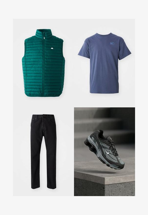 Teal puffer vest med høj krave, lynlåslukning foran og vandret quiltet design. Har et lille hvidt logo øverst til venstre.; Mørkeblå kortærmet t-shirt med rund hals og lille lyseblå Nike-logo på venstre bryst.; Sorte denim jeans med lige snit, fem lommer og knaplukning. Har synlige sømme og en blød, struktureret stof.; Grå og sort atletiksko med meshpaneler og tyk sål, placeret i luften over en betonliste med trapper i baggrunden.