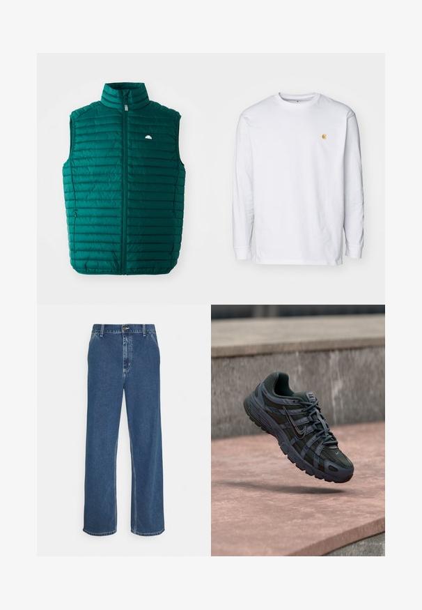 Teal puffer vest med høj krave, lynlåslukning foran og vandret quiltet design. Har et lille hvidt logo øverst til venstre.; Hvid langærmet t-shirt lavet af bomuld. Har et lille gyldent logo på brystet og en rund halsudskæring. Enkel design og standard pasform.; Blå denimjeans med lige pasform, fem-lomme design, metalknaplukning og synlig syning langs søm og kant.; Mørkegrå Nike løbesko med mesh og syntetisk design, svævende over en lyserød betonoverflade med en grå stens baggrund.