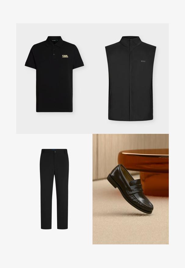 Veste noire sans manches avec col montant et fermeture éclair sur le devant, avec petit logo « BOSS » sur la poitrine gauche.; Polo noir à manches courtes avec col, patte à trois boutons et petit logo doré "KARL LAGERFELD" sur la poitrine gauche.; Pantalons noirs à jambes droites avec fermeture à bouton et à zip, passants de ceinture, et sans poches visibles.; Mocassin en cuir noir brillant avec un détail de bride, posé sur un tapis beige près d'une table basse ronde en bois brun dans une pièce doucement éclairée.