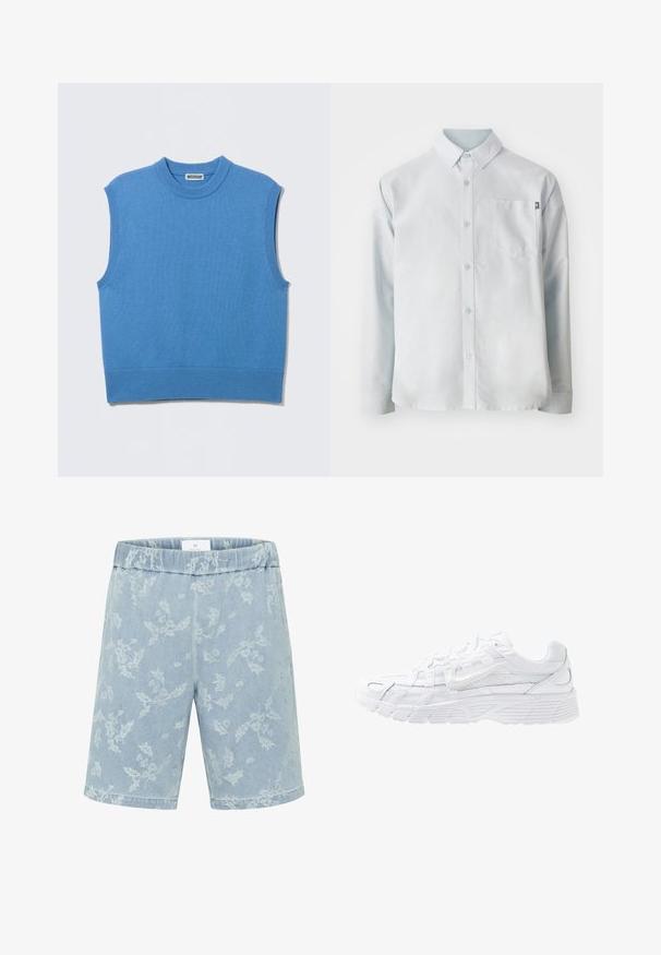 Chaleco sin mangas de punto azul con cuello redondo y bordes acanalados, extendido sobre un fondo gris claro.; New Balance OXFORD - Camisa - blue; Pantalones cortos de mezclilla azul claro con un sutil patrón floral, cinturilla elástica y corte recto. Sin bolsillos visibles.; Nike Sportswear P-6000 - Zapatillas - white/platinum tint