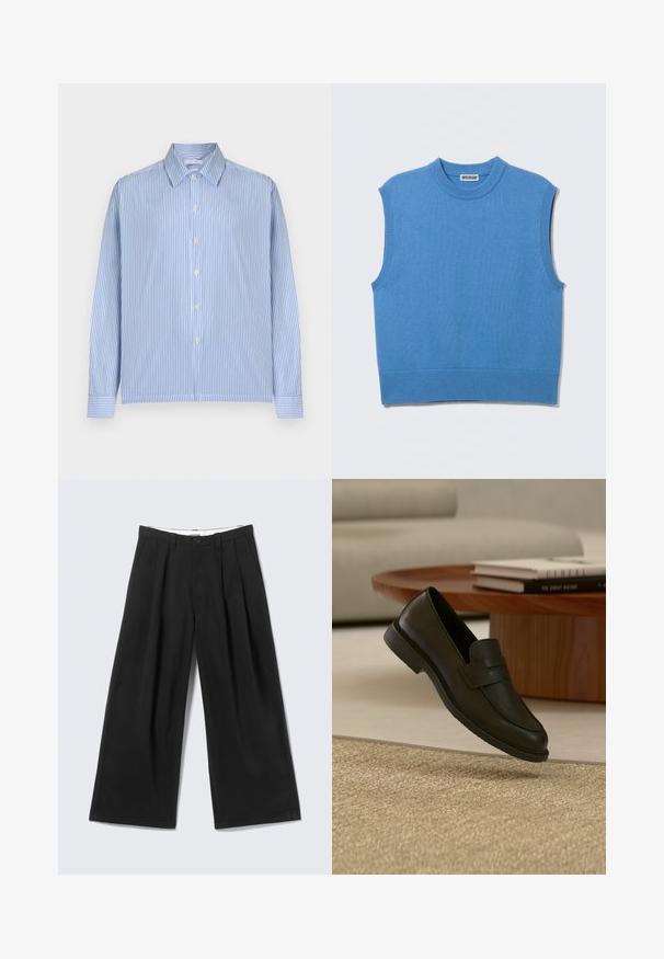 Veste-pull sans manches en tricot bleu avec col rond et bords côtelés, posée à plat sur un fond gris clair.; Chemise à manches longues à rayures verticales bleu clair et blanc, à boutons sur le devant et col pointu, présentée sur un fond uni.; Pantalon noir à jambes larges avec plis, passants pour ceinture et fermeture par bouton, présenté sur un fond gris clair.; Chaussure mocassin en cuir noir présentée en suspension au-dessus d'un tapis beige tissé, avec une table en bois et des livres empilés dans un salon doucement éclairé.