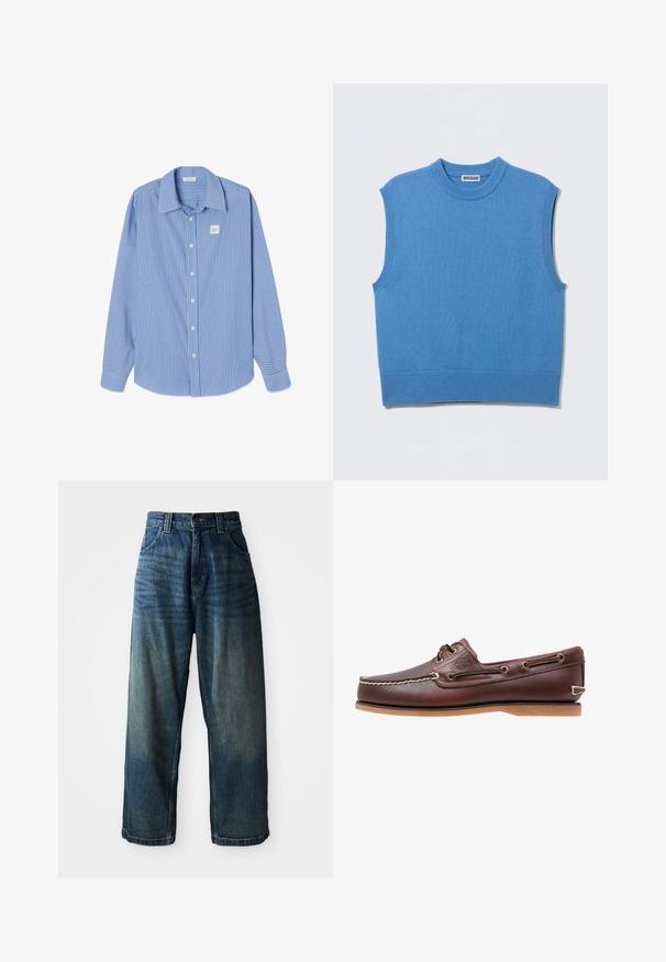 Ärmellose blaue Strickweste mit rundem Ausschnitt und gerippten Kanten, flach auf einem hellgrauen Hintergrund liegend.; Blau-weiß gestreiftes Langarmhemd mit spitzem Kragen, Knopfleiste vorn und einem kleinen quadratischen Logoaufnäher auf der linken Brust.; Weite blaue Denim-Jeans mit einem verwaschenen Finish. Verfügt über fünf Taschen, einen Knopfverschluss und kontrastierende Nähte. Schwergewichtiges Material.; Brauner Leder-Bootsschuh mit weißen Nähten, Schnürdetails und hellbrauner Gummisohle, seitlich auf weißem Hintergrund gezeigt.