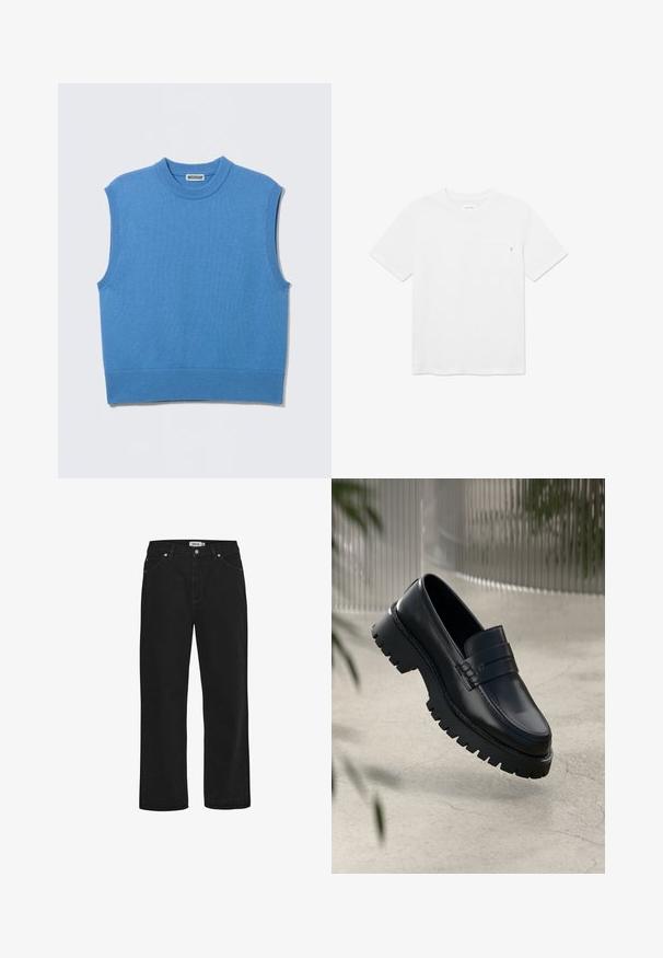 Chaleco sin mangas de punto azul con cuello redondo y bordes acanalados, extendido sobre un fondo gris claro.; Camiseta blanca de algodón con cuello redondo y mangas cortas, con un pequeño bolsillo en el pecho y una discreta etiqueta con logo en el borde del bolsillo.; Vaqueros de mezclilla negra con corte recto, diseño de cinco bolsillos, detalles en hardware de cobre y una cinta de cintura resistente. Textura suave, estilo sin adornos.; Mocasines de cuero negro con suela gruesa, que presentan una correa decorativa y detalles de costura. Textura suave con un acabado pulido.