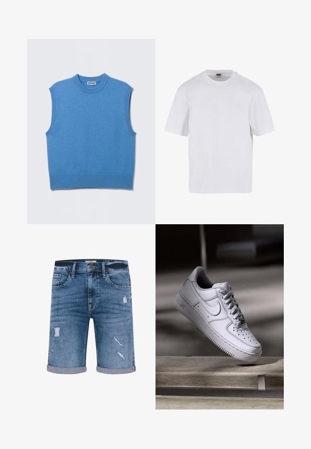 Mouwloos blauwe gebreide trui zonder mouwen met ronde hals en geribbelde randen, plat gelegd op een lichtgrijze achtergrond.; Witte kraagloze t-shirt met korte mouwen, gemaakt van katoen. Heeft een ronde halslijn en een losse pasvorm. Soepele textuur, minimalistisch ontwerp, geen patronen of accenten.; Denim shorts in medium blue met verweerde details, omgeslagen zoom, vijf zakken en een metalen knoopsluiting. Standaard pasvorm.; Witte Nike Air Force 1 sneaker van leer met geperforeerde neus, platte veters en een gestructureerde rubberen zool met "AIR"-logo aan de zijkant.