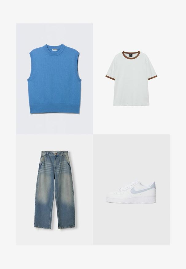 Ärmellose blaue Strickweste mit rundem Ausschnitt und gerippten Kanten, flach auf einem hellgrauen Hintergrund liegend.; Weißes T-Shirt mit kurzen Ärmeln und braunem Besatz am Kragen und an den Ärmelsäumen, flach auf weißem Hintergrund dargestellt.; Hellblaue Denim-Jeans im weit geschnittenen Stil mit einem ausgewaschenen Finish, Fünf-Taschen-Design und rohem Saum. Mit einem Knopf- und Reißverschluss vorne.; Nike Sportswear AIR FORCE 1 07 ESS - Sneaker low - white/ghost