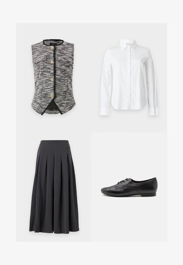 Chaleco sin mangas texturizado en blanco y negro con escote redondo y cuatro botones decorativos dorados en la parte delantera.; Camisa blanca de manga larga con botones, hecha de algodón. Cuenta con un cuello puntiagudo, una parte delantera completamente abotonada y puños con una textura suave.; Falda midi negra plisada con cintura alta, hecha de tela ligera, colgada plana sobre un fondo blanco.; Zapatos de cuero negro con cordones, de textura suave, punta redonda, tacón bajo y diseño simple. Vista lateral que enfatiza la forma elegante y las costuras.