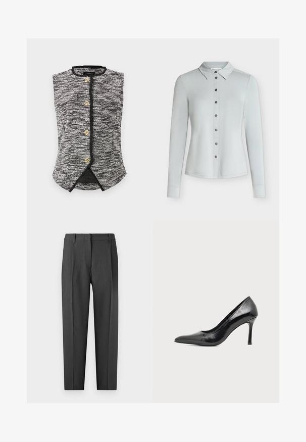 Chaleco sin mangas texturizado en blanco y negro con escote redondo y cuatro botones decorativos dorados en la parte delantera.; Camisa de manga larga gris claro con botones, cuello, siete botones oscuros en la parte delantera y dobladillo recto.; Pantalones de traje en gris carbón, con un frente plano, bolsillos laterales y un diseño de pierna recta con una textura suave.; Zapato de tacón alto de mujer en piel negra patentada, con punta puntiaguda y tacón delgado, sobre un fondo claro y liso.