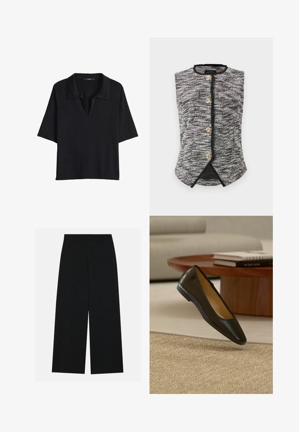 Zwart-wit getextureerd mouwloos vest met een ronde halslijn en vier gouden decoratieve knopen aan de voorkant.; Zwart T-shirt met korte mouwen en een kraag, gemaakt van zachte stof, met een ontspannen pasvorm en een minimalistisch ontwerp zonder zichtbare patronen.; Zwart, wijde broek van een gladde stof. Heeft een plat tailleband met riemlussen en geen zichtbare zakken. Eenvoudig ontwerp.; Zwarte leren platte schoen met afgeronde vierkante neus op een beige geweven tapijt, met houten salontafel en gestapelde boeken op de achtergrond.
