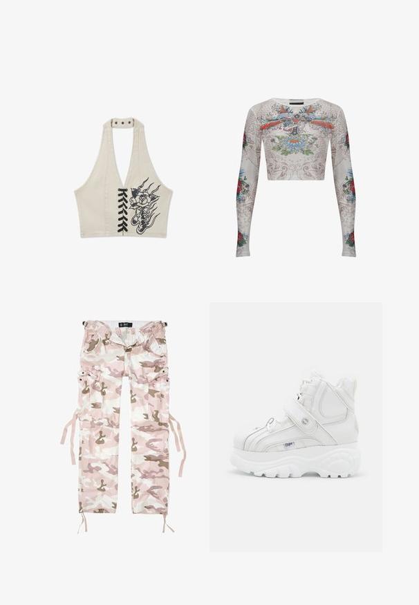 Beige värinen hihaton crop-top mustilla nyörityksillä edessä ja mustalla kukkakuvioisella liekkikuosilla oikealla puolella.; Hihapaitainen lyhyen mallin paita vaaleanharmaana, jossa on värikkäitä tatuointityylisiä kuvioita, kuten kukkia, koi-kaloja ja koristeellisia kiehkuroita.; Vaaleanpunaiset ja beigeet kamoflaagisteemaiset cargo-housut, valmistettu puuvillasta, joissa on useita taskuja ja nyörit lahkeensuissa.; Valkoiset korkeavartiset tennarit, jotka on valmistettu nahasta, varustettuna solkiremmiä, pyöreällä kärjellä, paksulla pohjalla ja pystysuorilla ompeluyksityiskohdilla.
