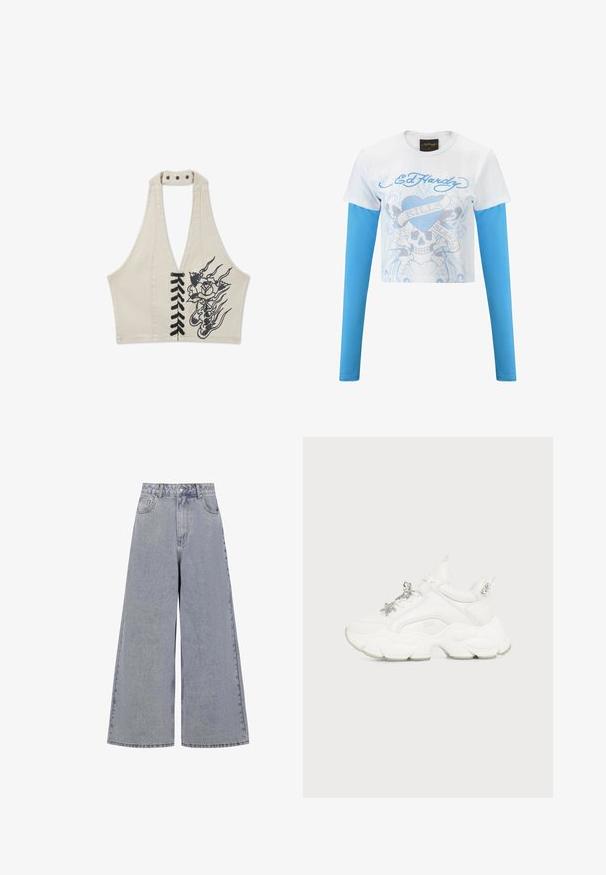 Top corto beige de tirantes con cordones negros en la parte delantera y diseño de llamas florales negras en el lado derecho.; Camiseta blanca corta con mangas largas azules, que presenta un gráfico de calavera, un diseño de corazón y texto decorativo en tonos azules y grises.; Pantalones vaqueros de pierna ancha en azul claro, hechos de mezclilla, con una cintura alta, cuatro bolsillos y un cierre clásico de botón con un ligero desvanecimiento.; Zapatilla blanca gruesa con suela gruesa y texturizada, charms de plata en forma de estrella y mariposa en los cordones, y tachuelas plateadas en la lengüeta del talón.