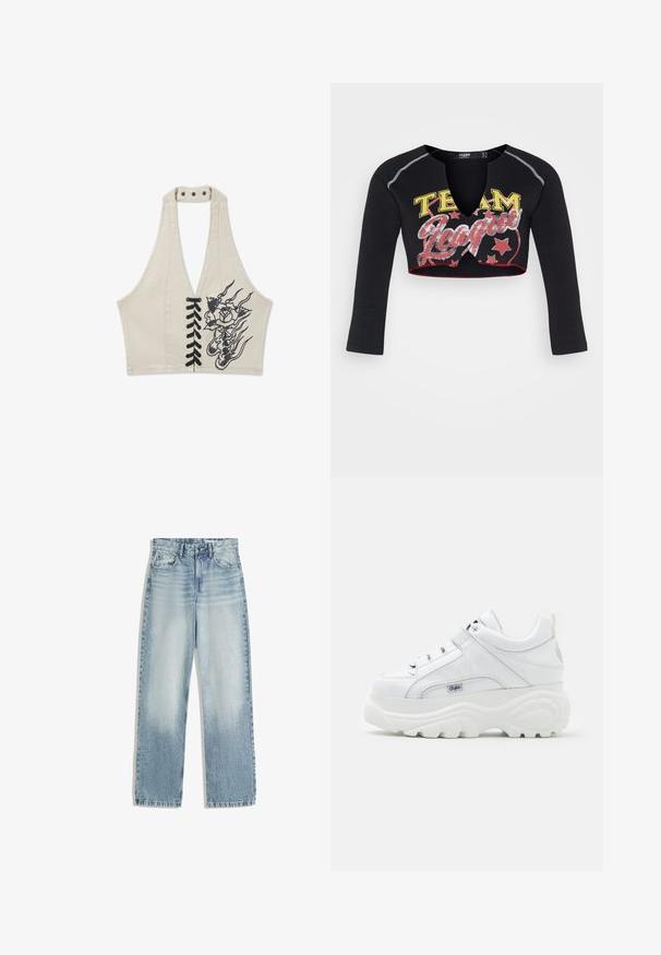 Crop top beige à col licou avec laçage noir à l'avant et motif floral en flammes noires sur le côté droit.; Jaded London CROPPED RAGLAN WITH CONTRAST STITCH & PLACEMENT SCREEN PRINT - T-shirt à manches longues - mehrfarbig; Jeans en denim bleu clair, taille haute, avec une coupe droite. Comprend un style classique à cinq poches et une décoloration subtile sur l'avant.; Baskets plateformes blanches en matériau synthétique brillant, avec un design à lacets, un col rembourré et un accent de marque sur le côté.