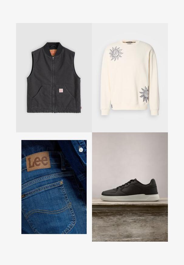 Sort ærmeløs vest lavet af bomuld med en lynlås foran, ribbet krave, to forlommer og et lille mærke på venstre lomme.; Cremefarvet sweatshirt med lange ærmer, prydet med marineblå solmotiver på venstre bryst og nederste højre side. Blød stofstruktur.; Nærbillede af baglomme på blå denimjeans med brunt lædermærke fra Lee og synlige syningsdetaljer.; Sort sneaker med hvid sål hængende over en træbænk, grønne blade i den slørede baggrund.