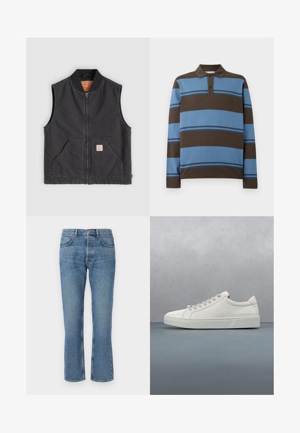 Gilet noir sans manches en coton avec une fermeture éclair à l'avant, un col côtelé, deux poches avant et une petite étiquette de marque sur la poche gauche.; Polo à manches longues, avec des rayures horizontales marron et bleu clair, doté d'une patte de boutonnage à trois boutons et d'un col côtelé.; Jeans en denim bleu clair avec une coupe droite, design à cinq poches et surpiqûres contrastées. Le tissu a une texture douce et un léger délavage.; Baskets en cuir blanc avec un bout arrondi, design minimaliste, lacets gris et semelle en caoutchouc gris texturé. Détails de couture subtils visibles.