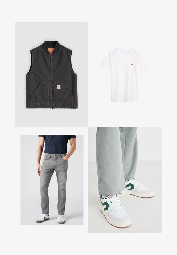 Zwarte mouwloze katoenen vest met een voorrits, geribde kraag, twee steekzakken aan de voorkant en een klein merklabel op de linkerzak.; Witte katoenen t-shirt met een ronde halslijn, korte mouwen en een klein rood Levi's-logo op de linkerkant van de borst. Soepele textuur, standaard pasvorm.; Man draagt grijze slim-fit jeans, witte sneakers met zwarte strepen en een donkerblauw shirt met korte mouwen, staand met één hand in de zak.; Witte en groene sneakers van glad leer en suedemateriaal, met een opvallende groene logo-accent en witte veters. Grijze broeken gedeeltelijk zichtbaar.