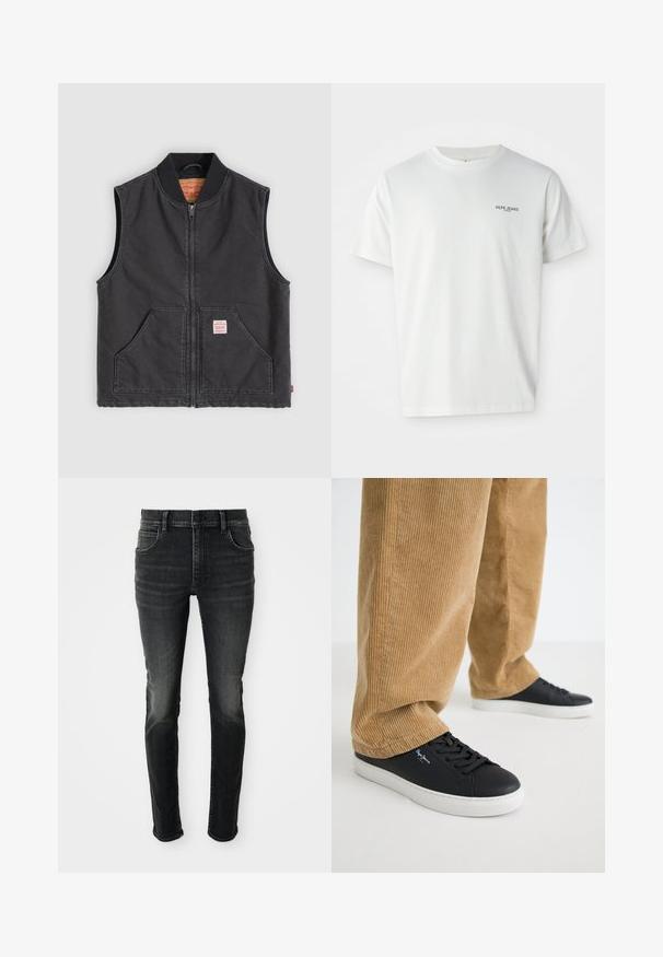 Gilet noir sans manches en coton avec une fermeture éclair à l'avant, un col côtelé, deux poches avant et une petite étiquette de marque sur la poche gauche.; T-shirt en coton blanc avec un col rond et des manches courtes, arborant un petit logo marine avec l'inscription "PEPE JEANS LONDON" sur la poitrine.; Jean skinny taille haute gris foncé avec un aspect délavé. Comprend cinq poches, des passants de ceinture et une fermeture classique à bouton.; Baskets en cuir noir avec des semelles en caoutchouc blanches. Portées avec un pantalon en velours côtelé beige à côtes verticales et à coupe décontractée.