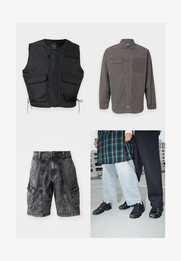 Chaleco utilitario negro sin mangas con dos bolsillos delanteros con solapa, cordones en el dobladillo y escote redondo.; Camisa de manga larga gris oscuro con botones, cuello, dos bolsillos en el pecho (uno con solapa) y pequeña etiqueta con logo en el dobladillo.; Pantalones cortos cargo de mezclilla negra con textura desgastada, dos bolsillos laterales y cierre de botón. Hasta la rodilla con costuras reforzadas.; Zapatillas deportivas negras con acentos de malla y goma. Combinadas con jeans de pierna ancha de color gris claro y una blusa de cuadros verdes. Fondo de superficie plana.