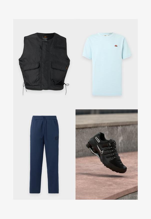 Zwarte mouwloze utility-vest met twee klepzakken aan de voorkant, trekkoorden aan de zoom en een ronde halslijn.; Lichtblauw T-shirt met ronde hals en korte mouwen, met een klein rood-oranje halve cirkel logo op de linkerborst.; Donkerblauwe joggingsbroek van een zachte katoenmix, met een elastische tailleband met trekkoord en een klein merkje op de heup.; Zwarte Nike Shox hardloopschoen met wit swoosh-logo, zwevend boven een roze betonoppervlak tegen een grijze stenen muur als achtergrond.