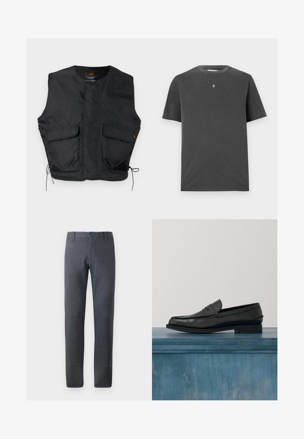 Zwarte mouwloze utility-vest met twee klepzakken aan de voorkant, trekkoorden aan de zoom en een ronde halslijn.; Donkergrijze katoen t-shirt met een ronde crewneck en korte mouwen; heeft een klein, gecentreerd wit logo op de borst.; Grijze, gestructureerde broek met een rechte pasvorm, voorzien van een tailleband met riemlussen, voorzakken en een enkele knoopsluiting.; Zwarte leren loafers met een strak ontwerp, voorzien van een gestikte neus en een gladde afwerking. De schoen heeft een lage hak en minimale details.