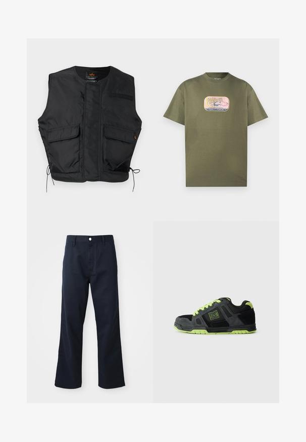 Sort, ærmeløs utility-vest med to klaplommer foran, snoretræk ved kanten og rund halsudskæring.; Olivengrøn bomuld T-shirt med rund hals, der har et farverigt grafisk print af en kano og bølger på forsiden. Kortærmet, afslappet pasform.; Mørkeblå bomuldsbukser med lige ben, der har en lynlås, knaplukning og forlommer. Glat overflade og ren finish.; Sort og grå atletisk sko med grønne detaljer. Har materialer af ruskind og mesh, rund tå, gummisål og fremtrædende logo.