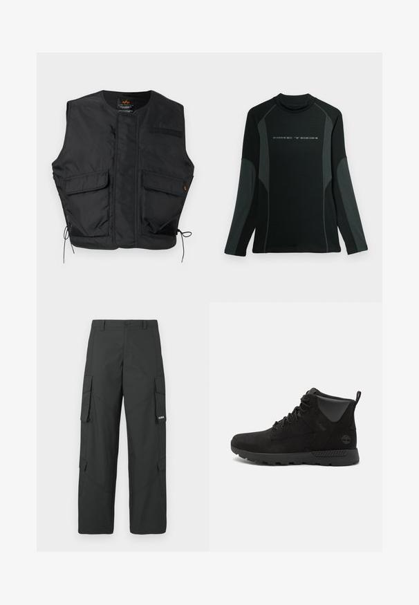 Zwarte mouwloze utility-vest met twee klepzakken aan de voorkant, trekkoorden aan de zoom en een ronde halslijn.; Zwarte shirt met lange mouwen en hoge kraag, gemaakt van textuurstof. Heeft grijze zijpanelen en het "NIKE TECH" logo op de borst.; Zwarte cargo broek met rechte pijpen, zijflapzakken, knoopsluiting, riemlussen en een klein wit logo op de flap van de rechterzak.; Zwarte hoge laarzen van suède en synthetische materialen, met een gestructureerd oppervlak, vetersluiting en rubberen zool met grip.