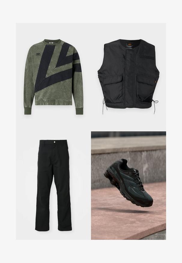 Veste utilitaire noire sans manches avec deux poches à rabat à l'avant, cordons de serrage à l'ourlet et col rond.; Sweatshirt à manches longues, en vert et noir avec un bloc de couleurs, doté de poignets et d'un col en côte, avec le logo Umbro sur la poitrine gauche.; Pantalons noirs à jambes droites avec fermeture à bouton et à zip, passants de ceinture et poches latérales, présentés sur fond blanc.; Baskets athlétiques noires avec une semelle intercalaire à coussin d’air visible flottant au-dessus d’une surface en pierre rose avec un mur en pierre gris en arrière-plan.