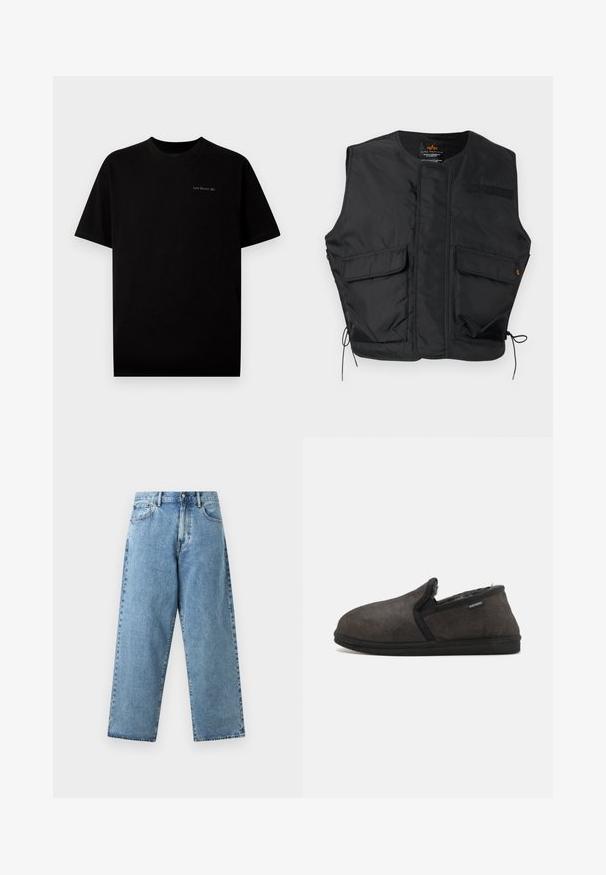 Zwarte mouwloze utility-vest met twee klepzakken aan de voorkant, trekkoorden aan de zoom en een ronde halslijn.; Zwarte katoenen T-shirt met korte mouwen en een ronde hals. Kenmerkt zich door een klein logo "Last Resort AB" dat in een lichte kleur op de borst is geborduurd.; Lichtblauwe spijkerbroek met een hoge taille, brede rechte pijpen, knoopsluiting aan de voorkant, ritssluiting en ontwerp met vijf zakken.; Grijze suède pantoffel met een zachte textuur, ronde vorm, elastische opening en zwarte rubberen zool. Accentuated met een merklabel aan de zijkant.